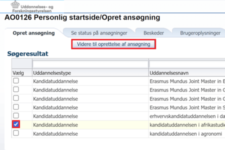 Find den ønskede uddannelse og sæt flueben.