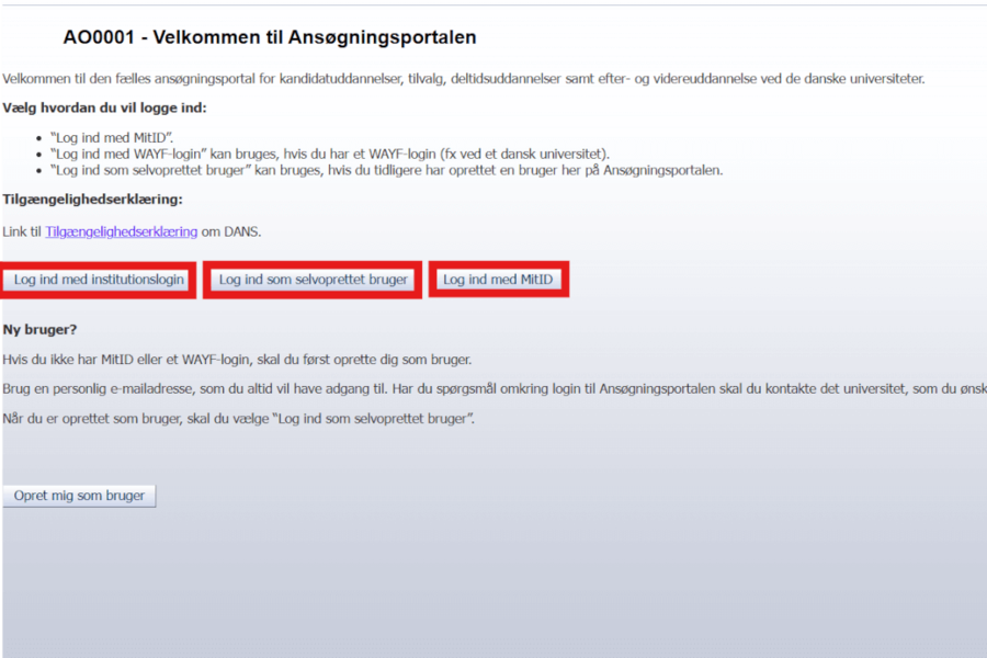Velkomsfanen på ansøgningsportalen