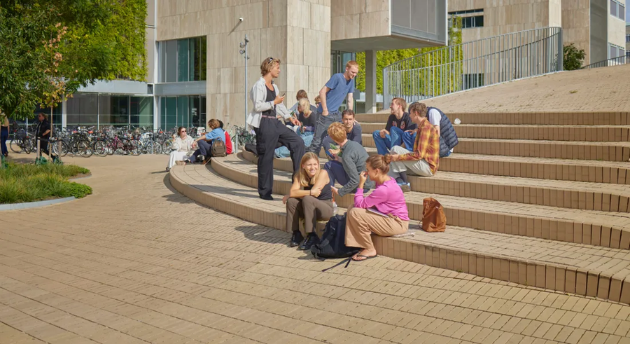 Studerende siddende på en trappe i solen på Søndre Campus