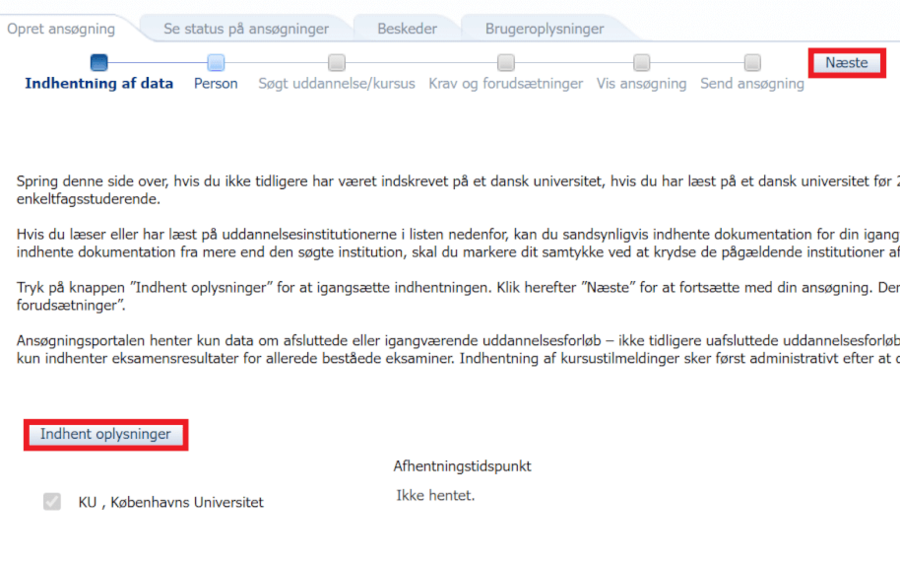 Klik på indhent oplysninger og derefter på næste